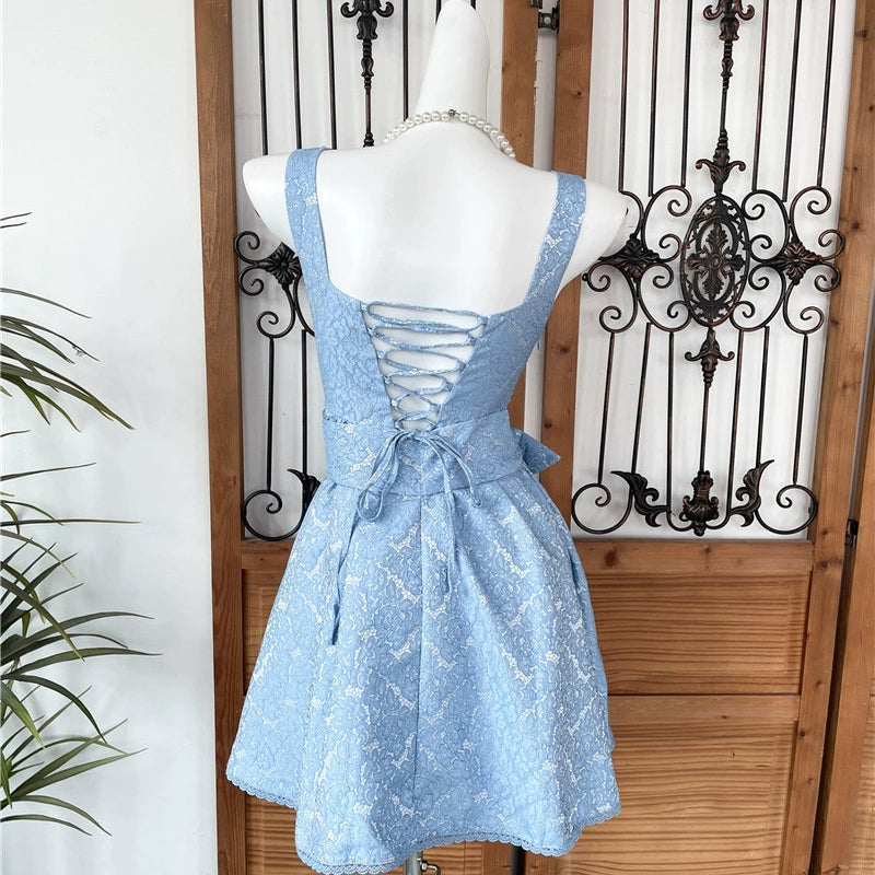 BEADED SQUARE NECK BOW A-LINE MINI DRESS FOR PARTY