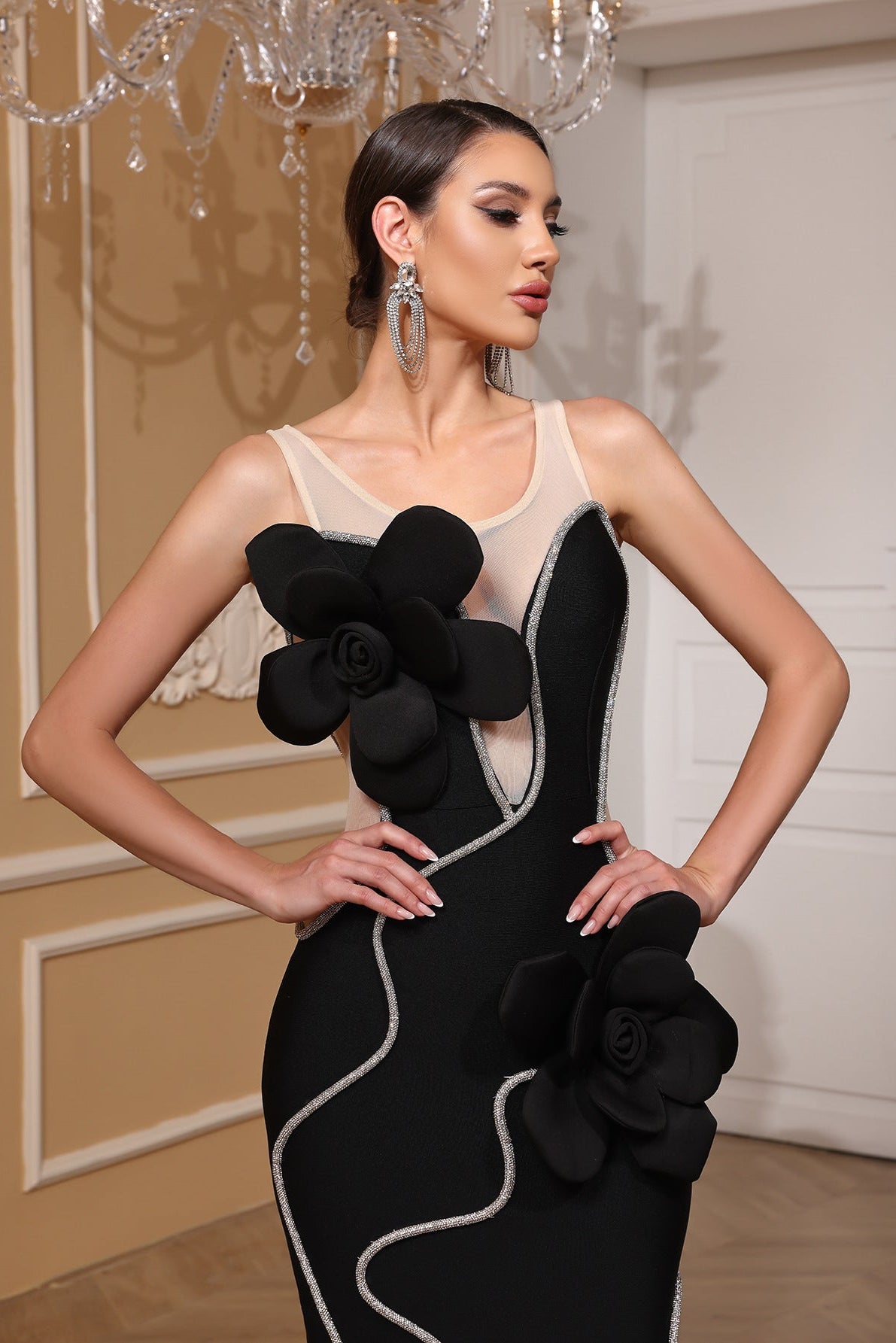 GLITTERING 3D FLOWER BANDAGE MAXI DRESS, BLACK