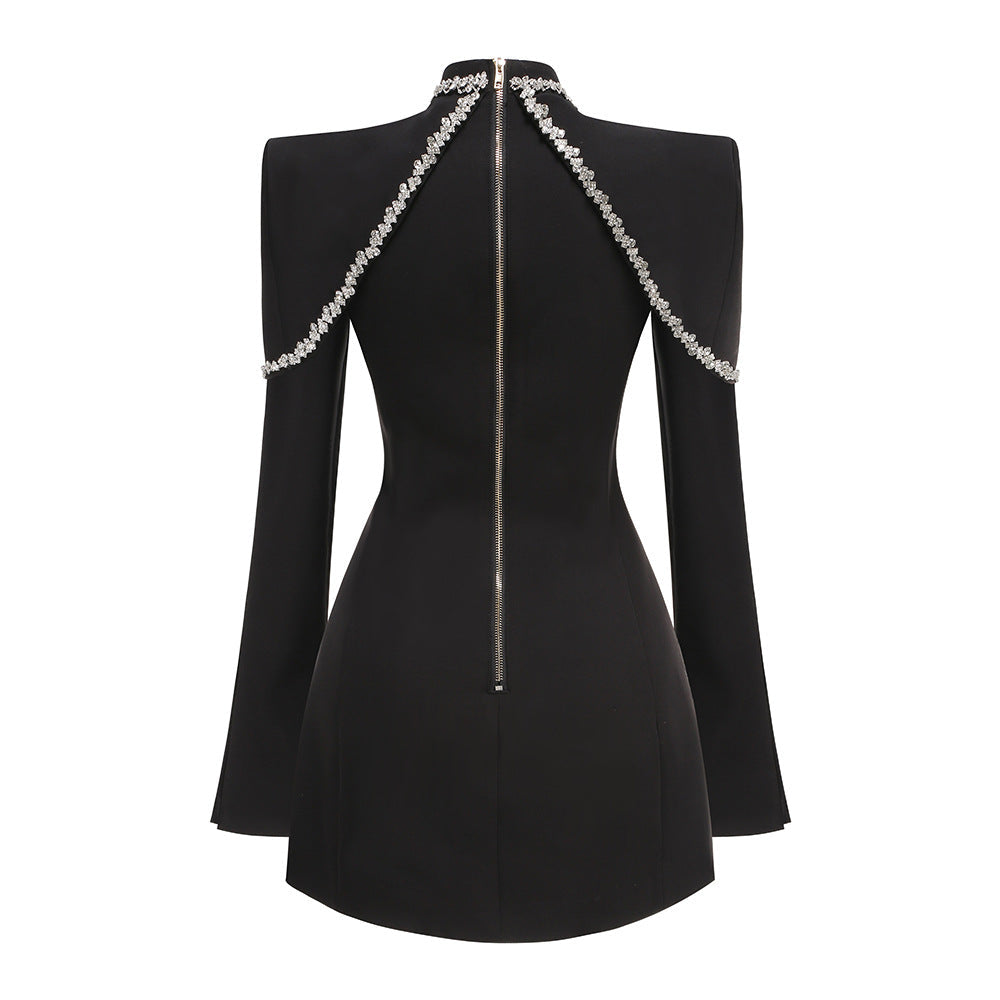 DIAMOND EMBELLISHED TRUMPET SLEEVE MINI DRESS, BLACK