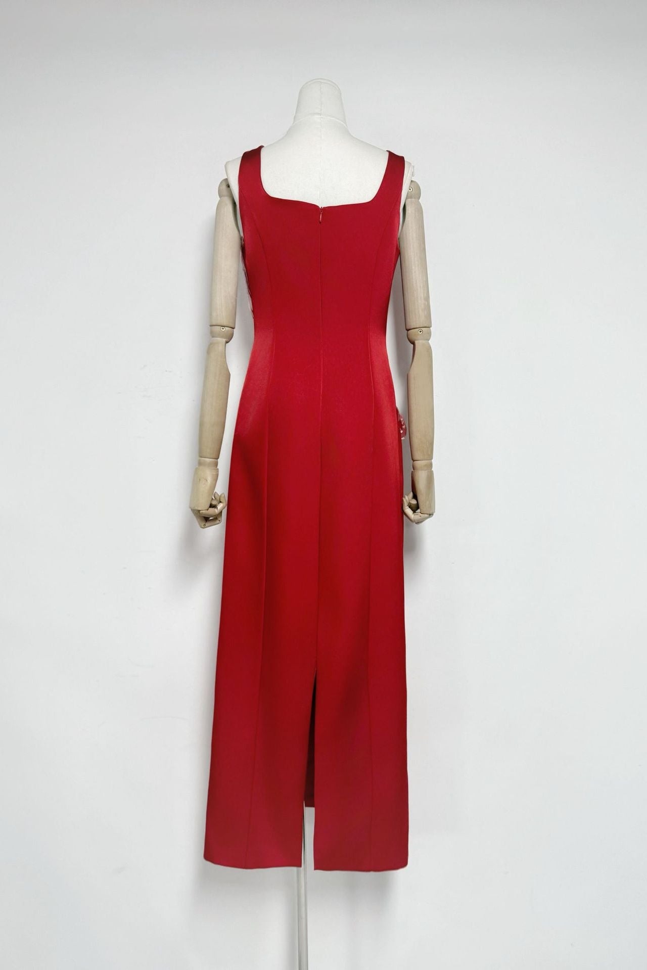 NICOLA RED SATIN SQUARE NECK EMBROIDERED MAXI DRESS