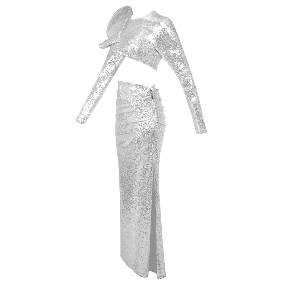 SILVER CROP TOP DRAPE SKIRT SET – PARTY OUTFIT