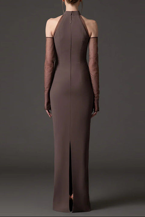 VIVIEN BROWN BEADED HIGH NECK MAXI DRESS, FORMAL