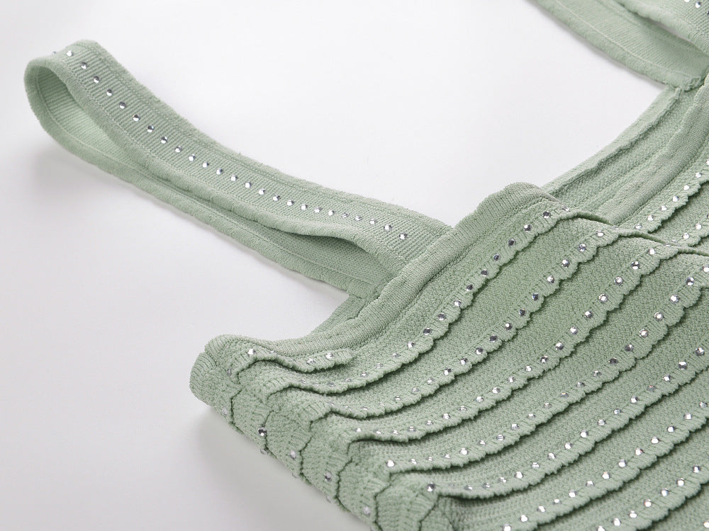 RHINESTONE TRIM KNIT CROP TOP ALMOND GREEN