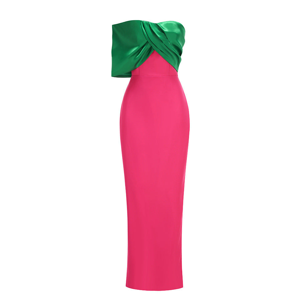 JOSEPHINE FISHTAIL STRAPLESS MAXI DRESS - GREEN FUCHSIA