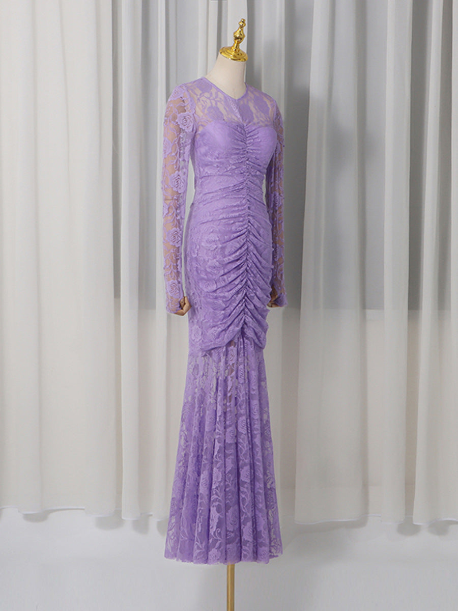 PENNY LACE RUCHED BODYCON MAXI DRESS IN PURPLE
