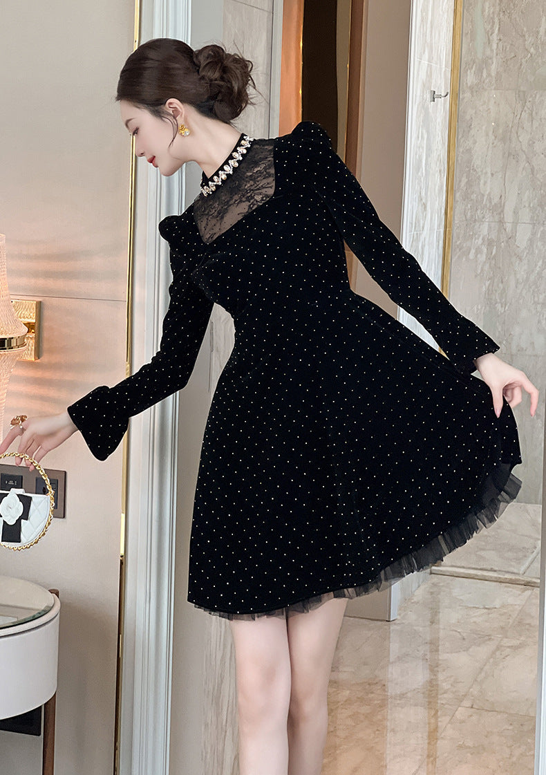 WENDY VELVET POLKA DOT MINI DRESS, BLACK, LONG SLEEVE