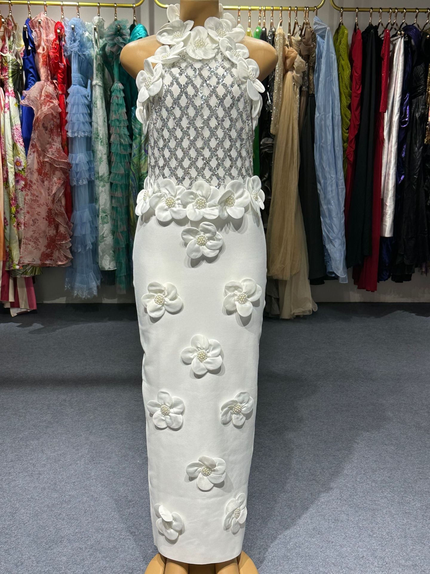 PHOENIX 3D FLOWER SEQUIN HALTER WHITE MAXI DRESS