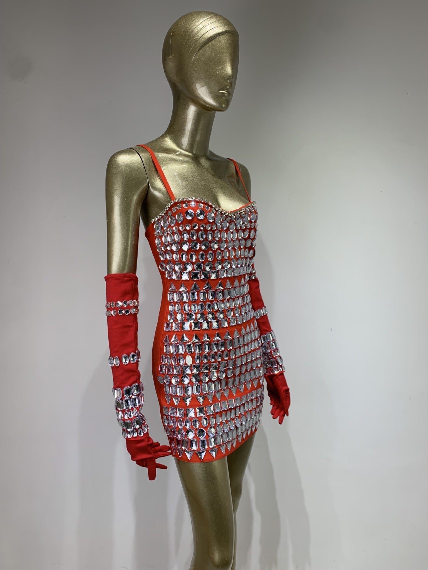 CRYSTAL RED BANDAGE DRESS W/ GLOVES - EVENING PARTY
