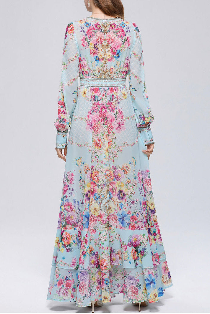 XAVIERA A-LINE PRINTED MAXI DRESS IN CHIFFON MESH