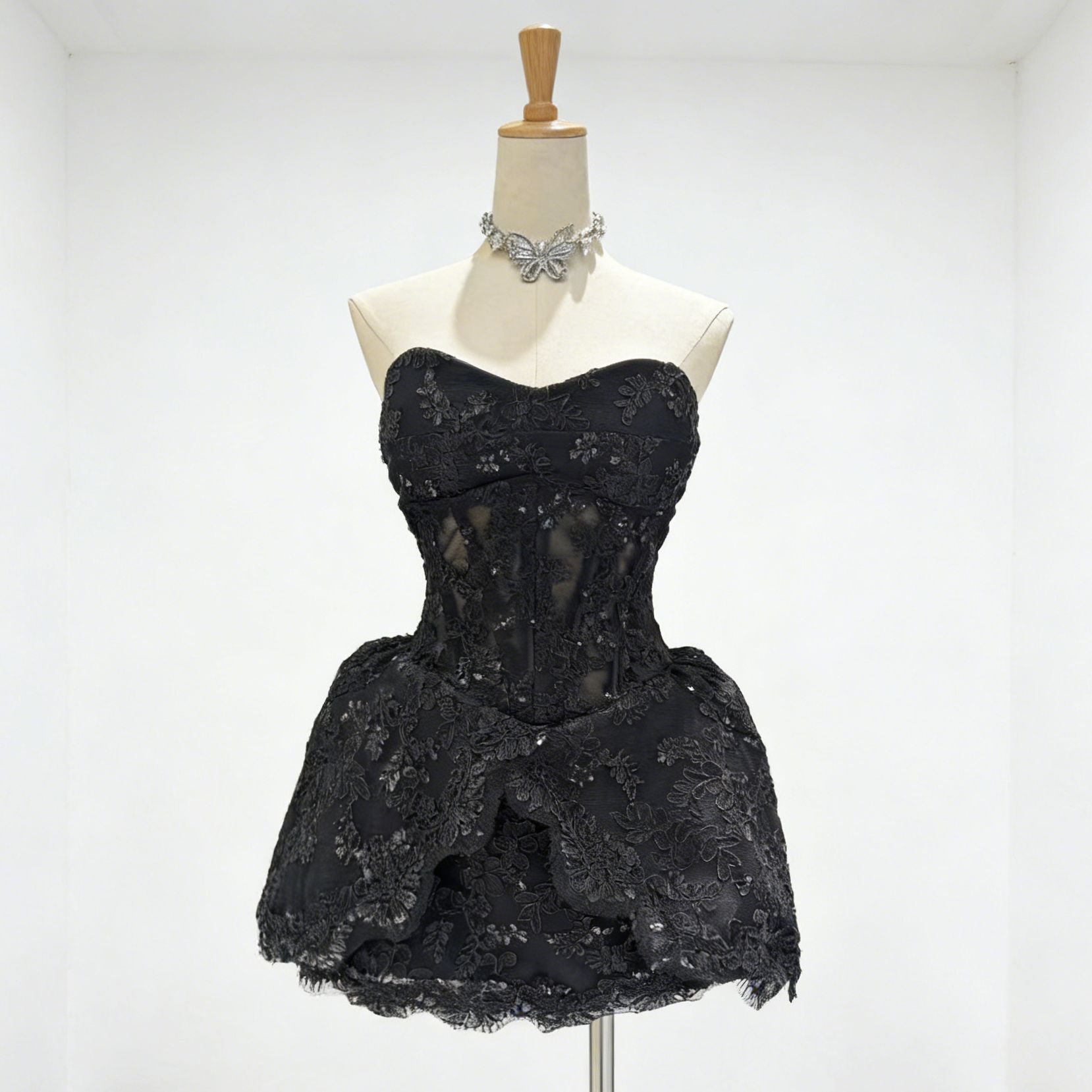 LACE EMBROIDERED BANDEAU MINI DRESS FOR PARTY