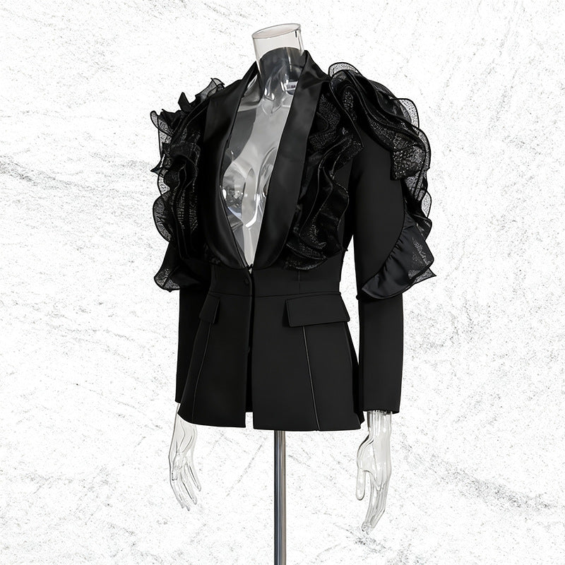 ASHLEY RUFFLE BLAZER, BLACK PARTY BLAZER