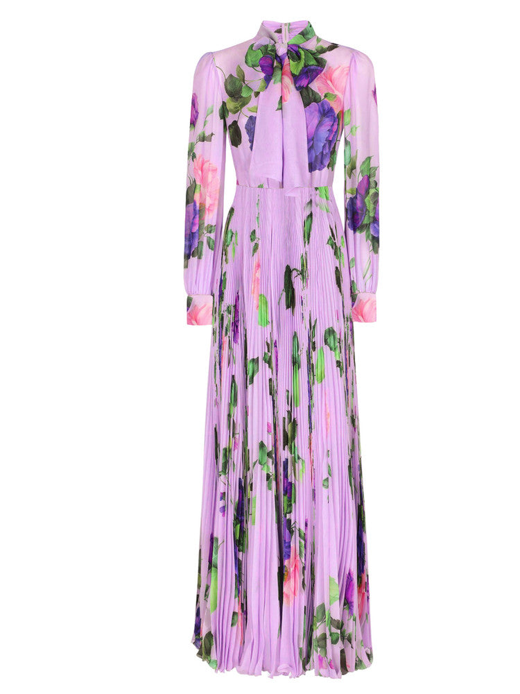 PURPLE FLORAL LONG SLEEVE PLEATED DRESS FOR WEDDING