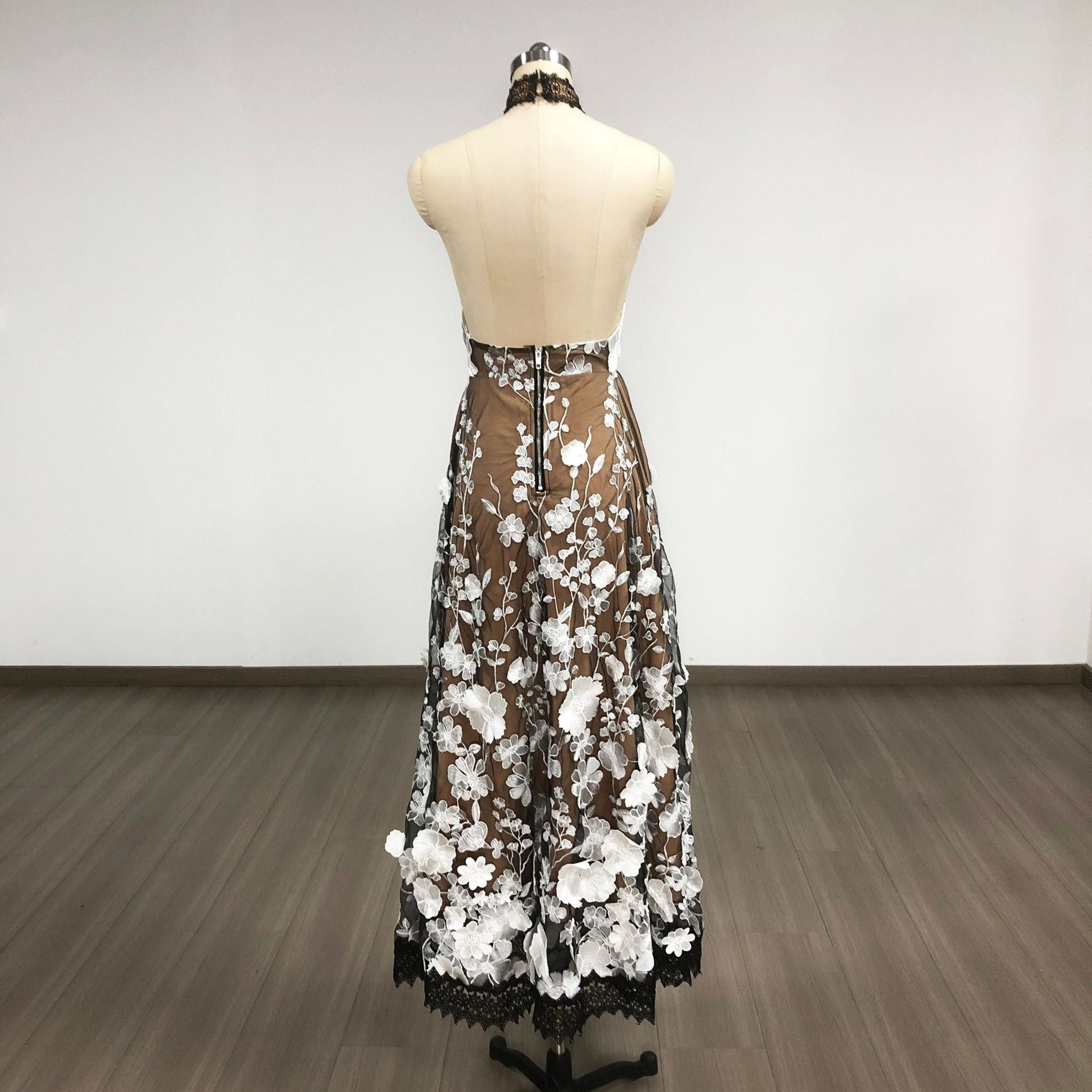 ALYSSA BLACK HALTER FLORAL EMBROIDERED MIDI DRESS