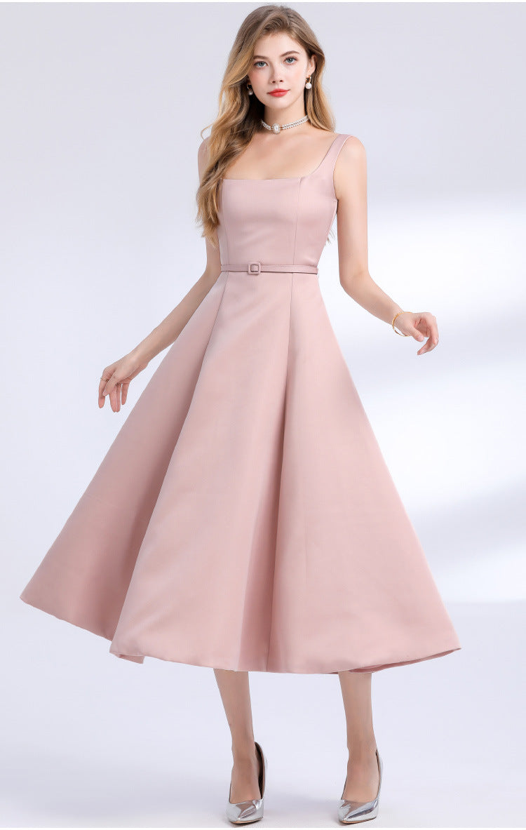 AMELIA SQUARE NECK SATIN SLIP MIDI DRESS PINK