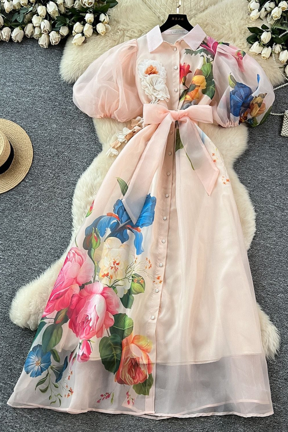 SINGLE-BREASTED FLORAL PUFF SLEEVE MAXI DRESS IN APRICOT