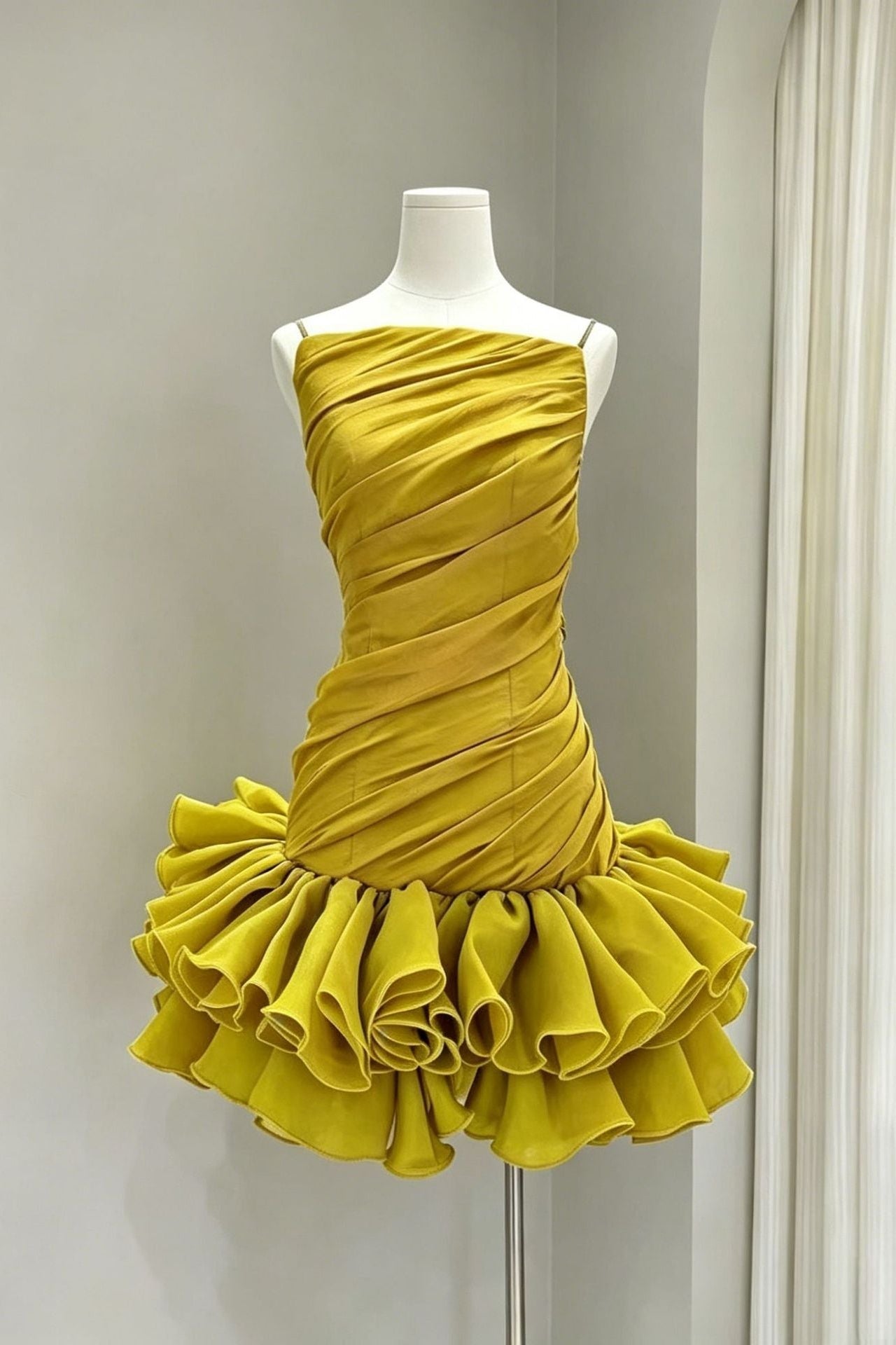 MUSTARD YELLOW RUCHED RUFFLE MINI DRESS, STRAP STYLE