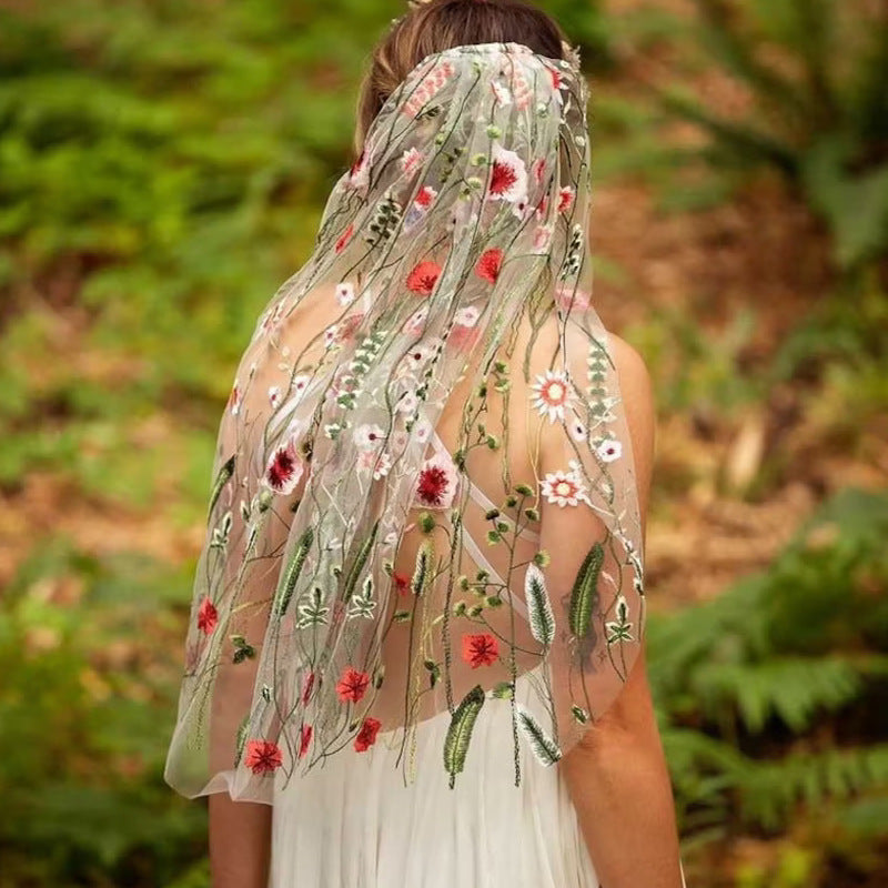 VINTAGE WHITE TULLE WILDFLOWER EMBROIDERY LONG BRIDAL VEIL