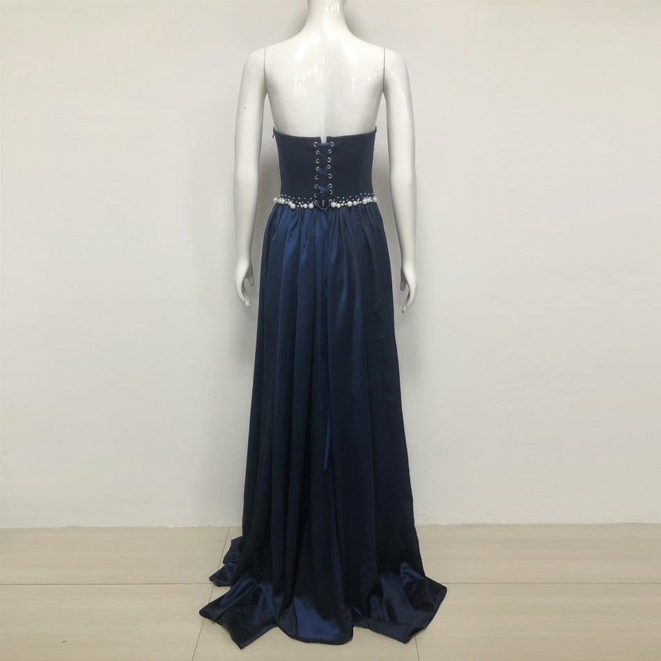 SAMANTHA DARK BLUE PEARL EMBROIDERED STRAPLESS MAXI DRESS