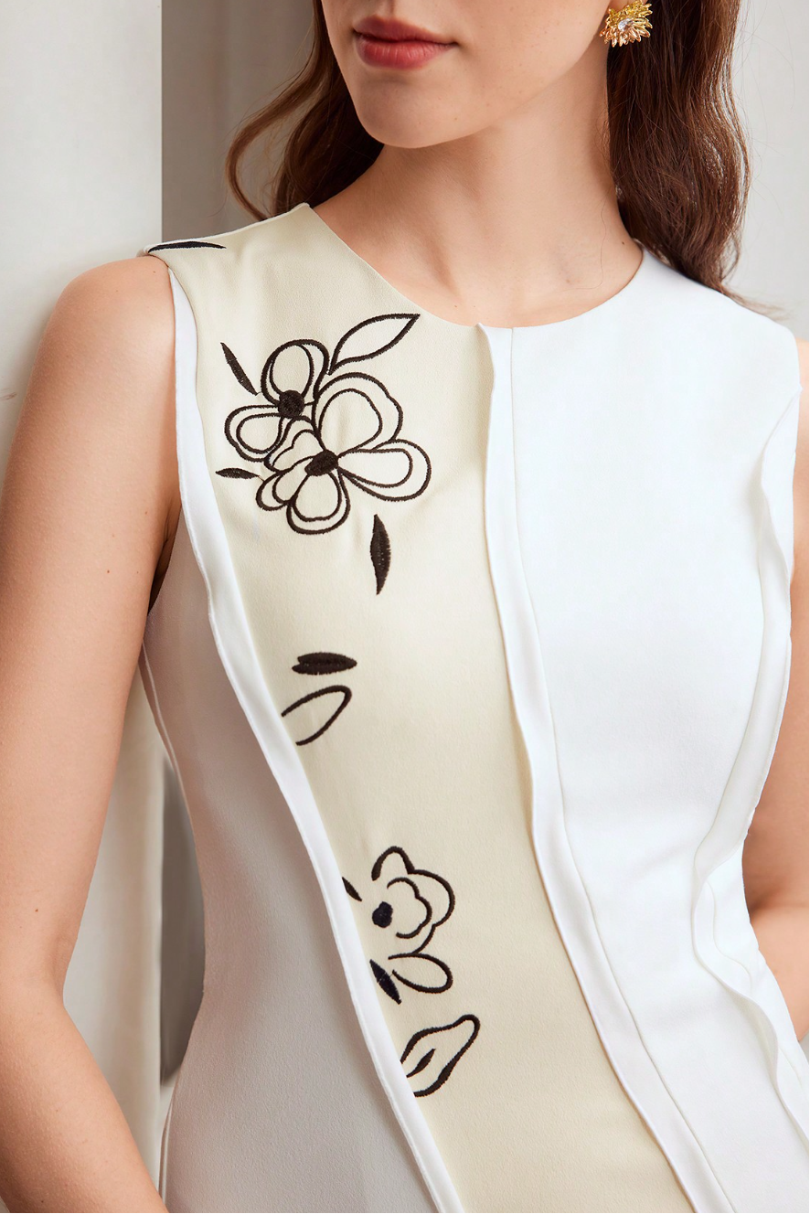 WHITE BEIGE COLOR-BLOCK FLORAL EMBROIDERED SLEEVELESS MIDI DRESS