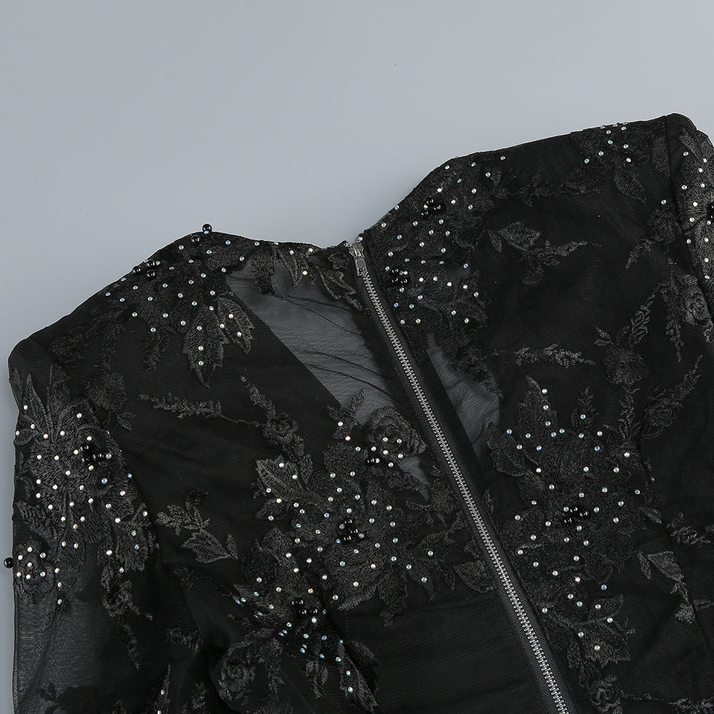 BLACK DIAMOND 3D FLOWER JUMPSUIT, ELEGANT PARTY