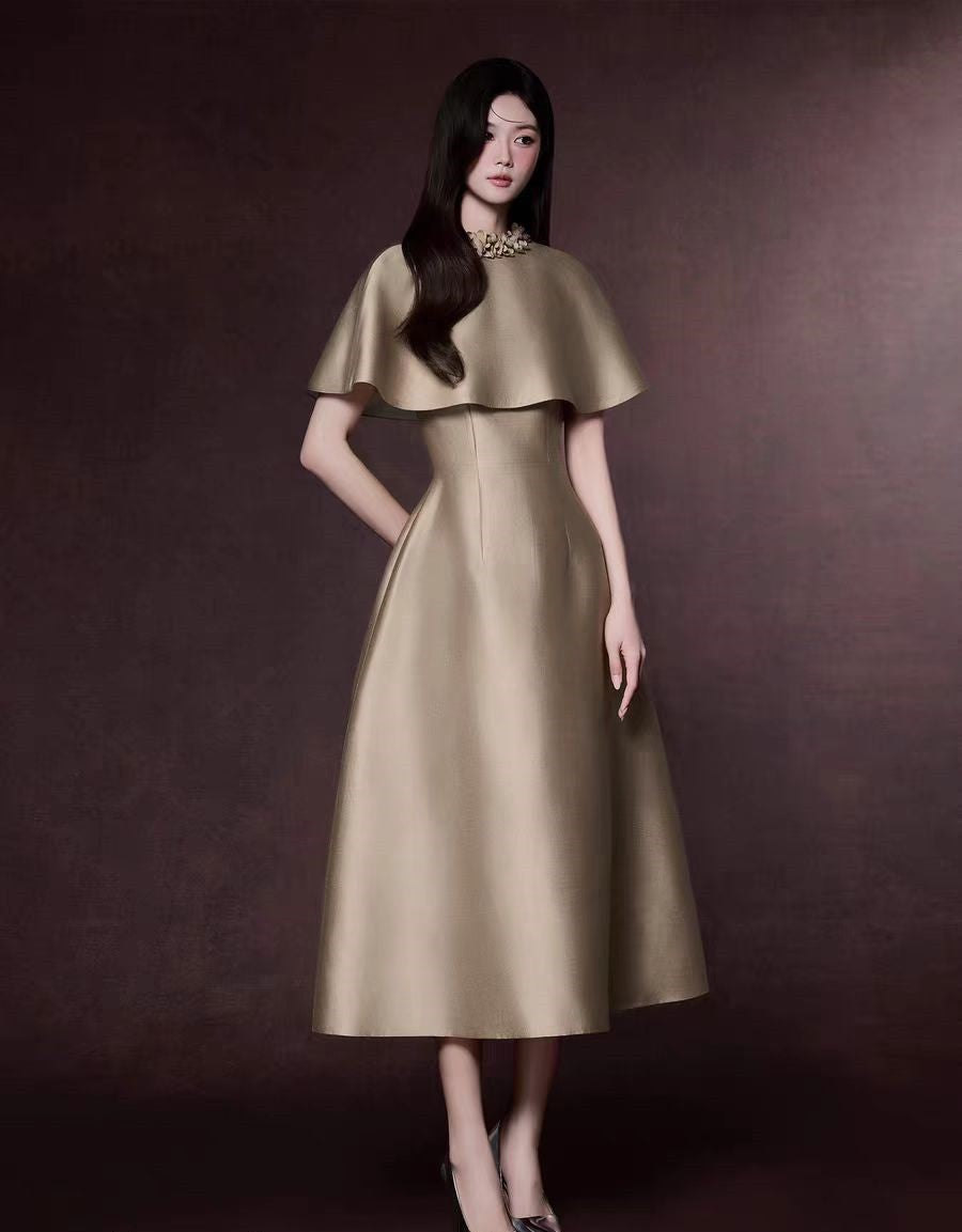 MICHELLE KHAKI SATIN CAPE MIDI DRESS