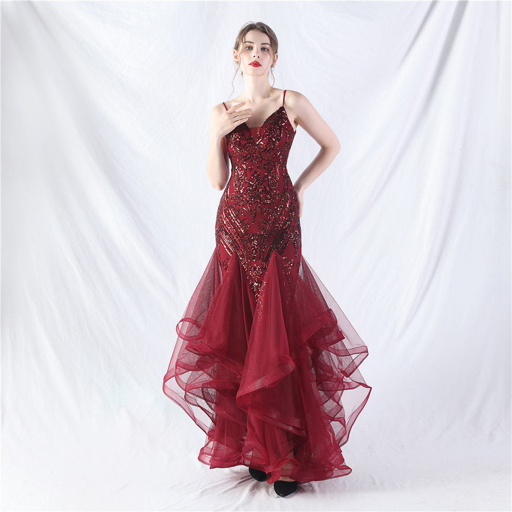 SEQUIN TULLE MAXI DRESS FOR WEDDING GUEST