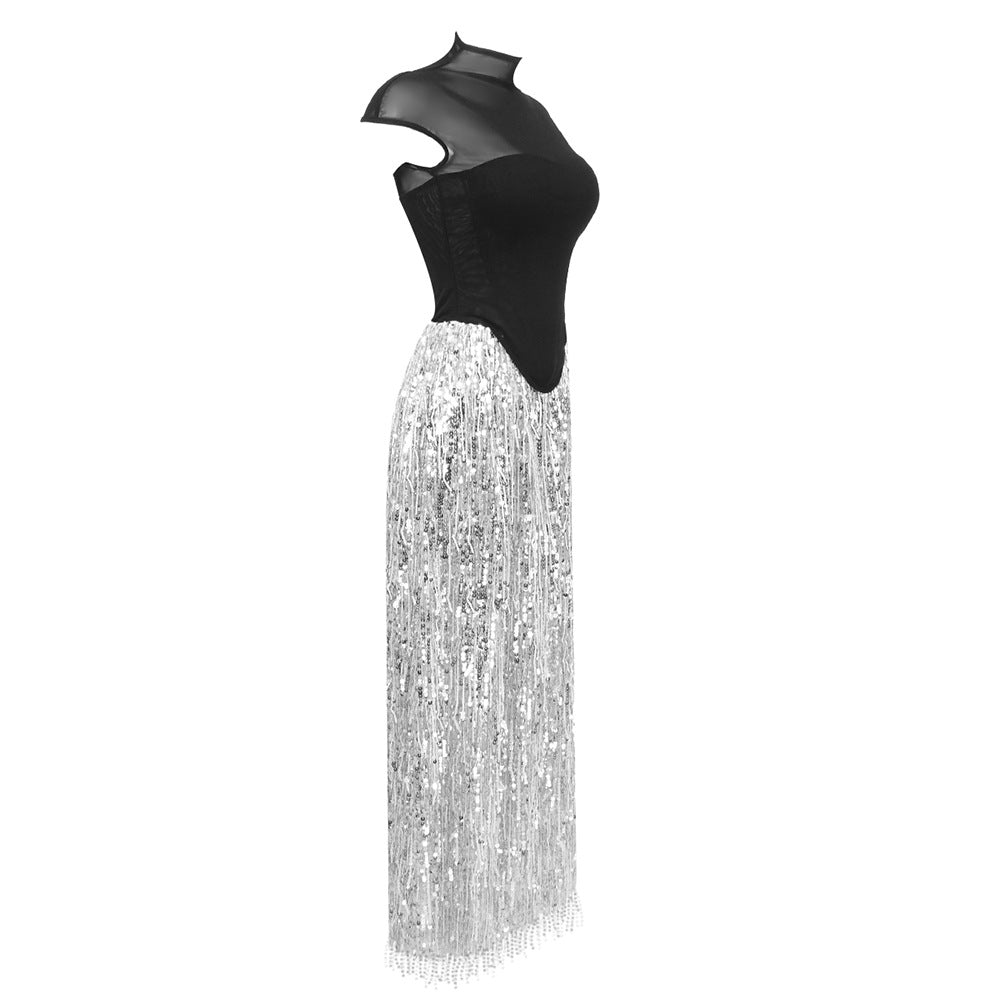 TASSEL SEQUIN BLACK CORSET MAXI DRESS