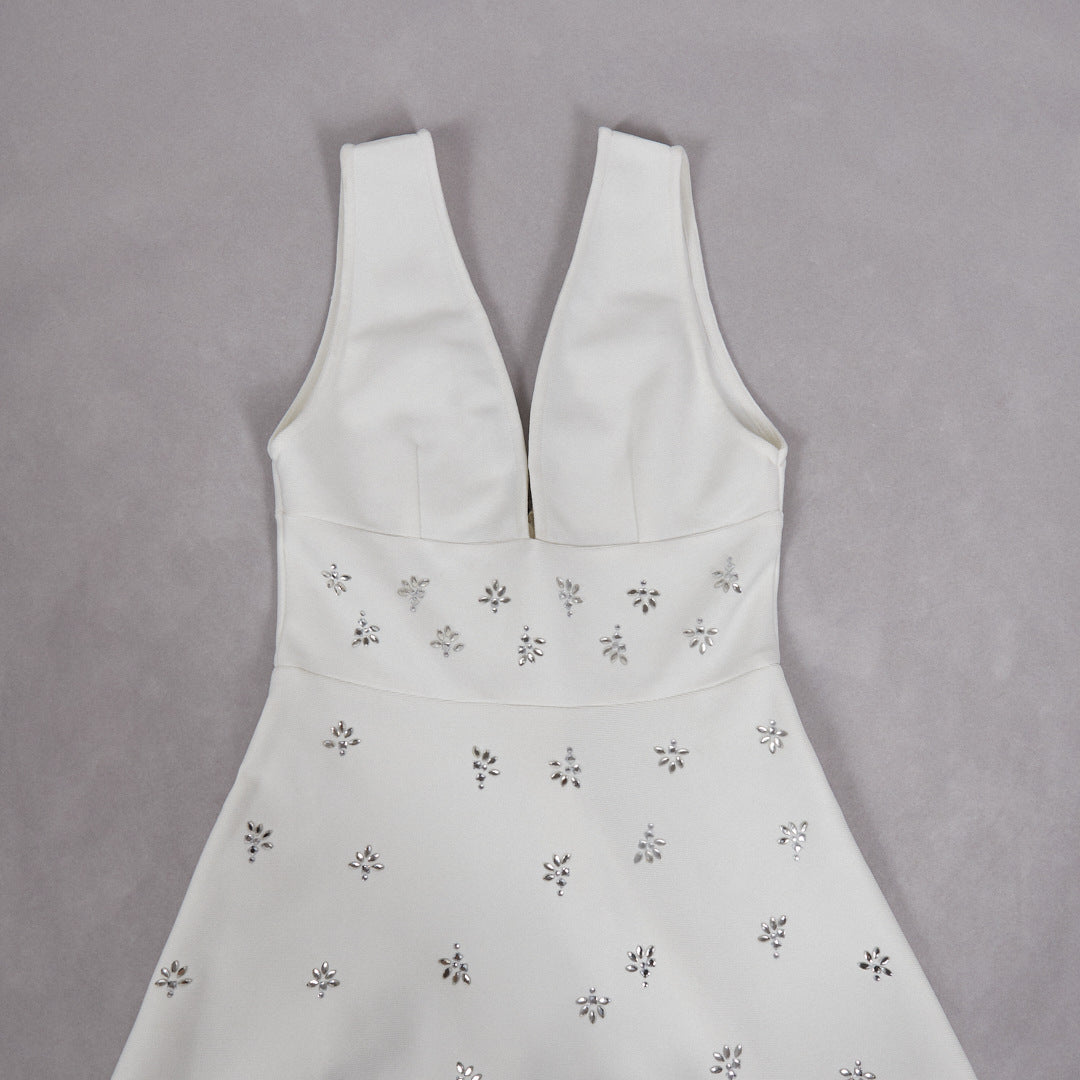 LILY WHITE V-NECK MIDI DRESS FOR WEDDING GUEST
