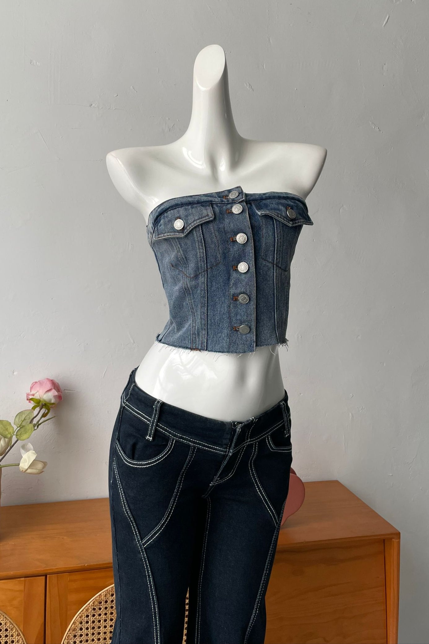 8-BUTTON BLUE DENIM TUBE TOP CASUAL