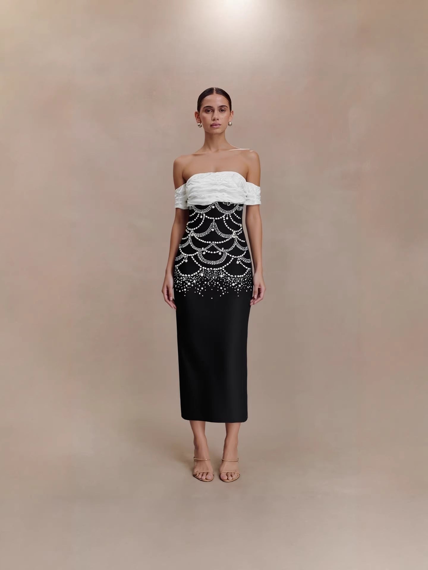 TERESA BEADED RHINESTONE STRAPLESS MIDI DRESS BLACK