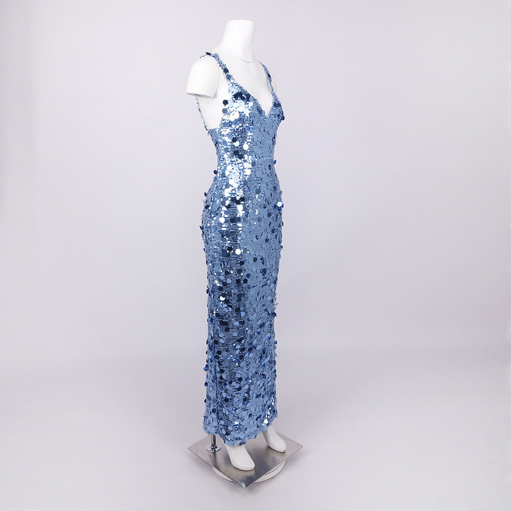 ROBERTA SEQUIN DEEP V-NECK COLUMN GOWN BLUE