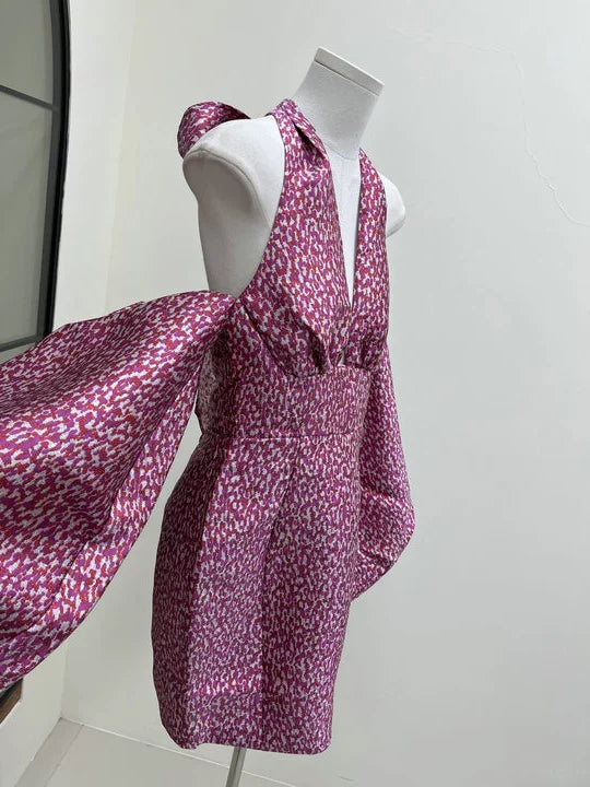 JACQUARD ROSE PINK HALTER MINI DRESS