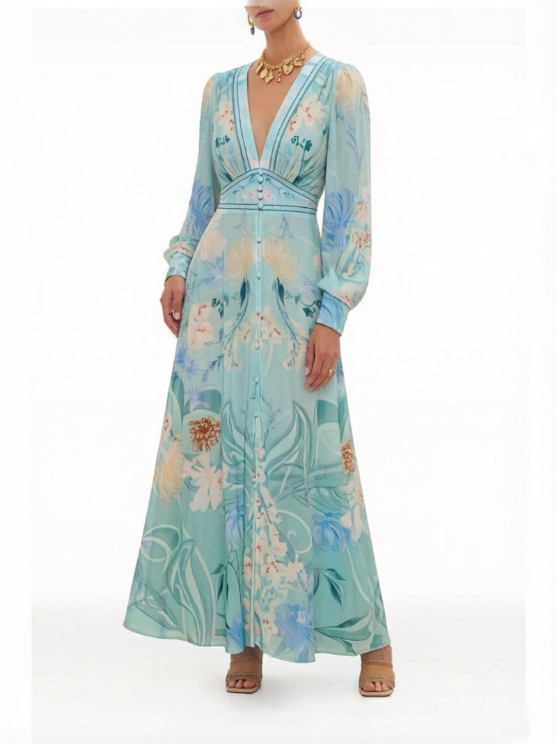 ZANNA SILK FLORAL V-NECK MAXI DRESS