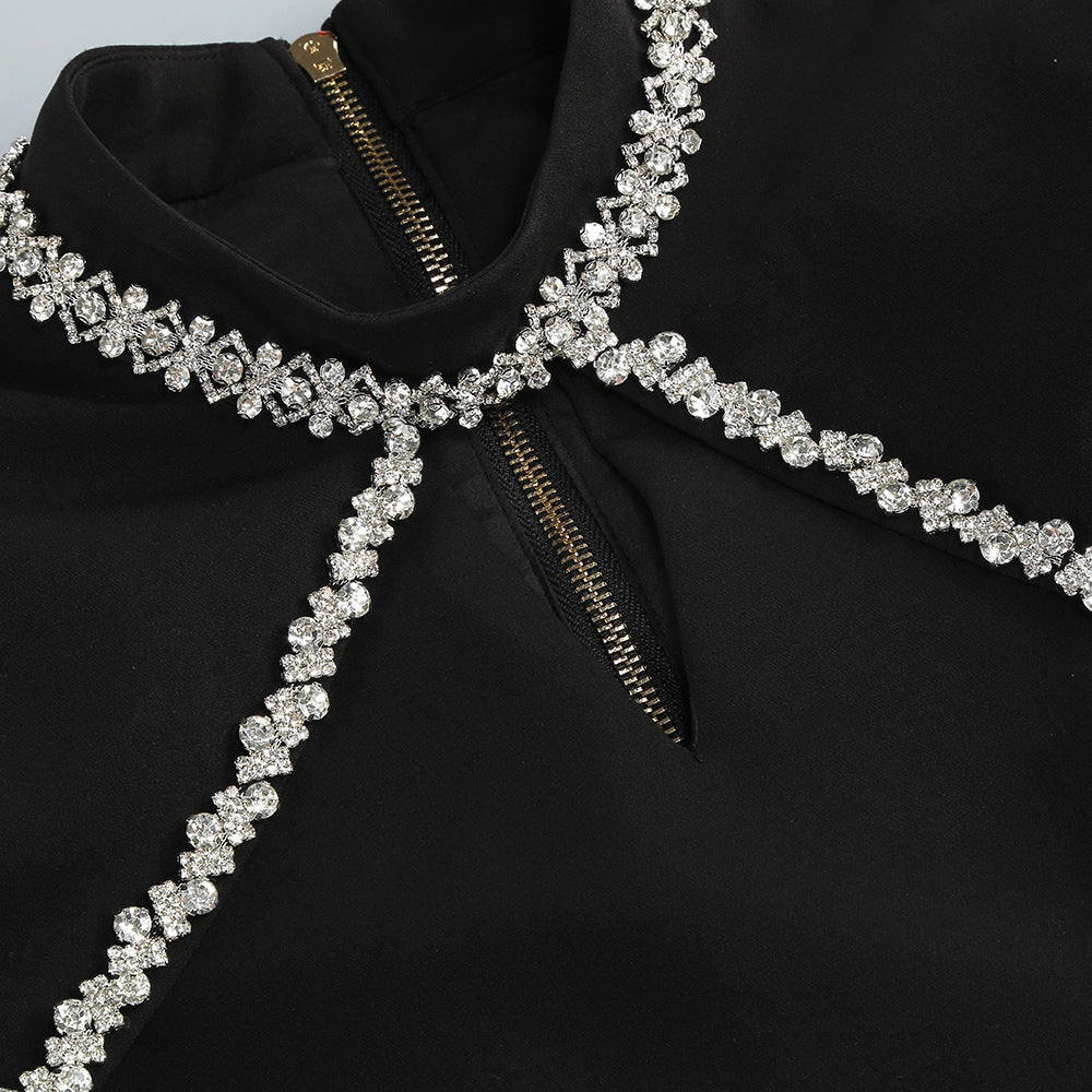 DIAMOND EMBELLISHED TRUMPET SLEEVE MINI DRESS, BLACK