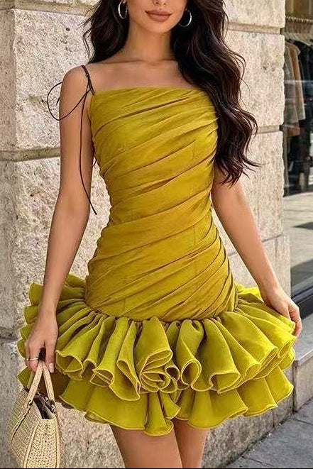 MUSTARD YELLOW RUCHED RUFFLE MINI DRESS, STRAP STYLE