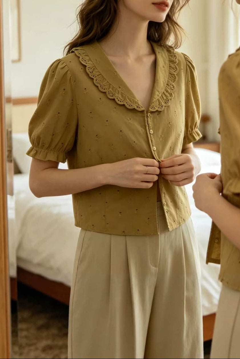 LACE EMBROIDERED SHORT SLEEVE SHIRT TOP FOR CASUAL WORK