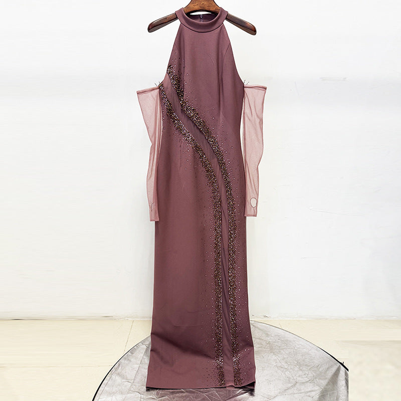 VIVIEN BROWN BEADED HIGH NECK MAXI DRESS, FORMAL
