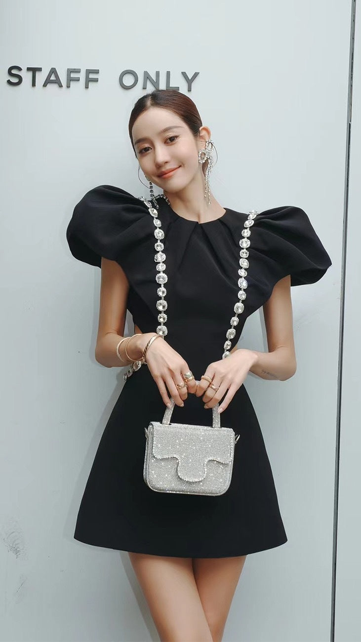 3D RUFFLE RHINESTONE HOLLOW MINI DRESS, BLACK