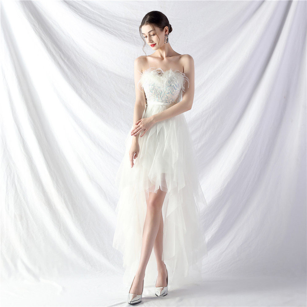 STRAPLESS FEATHER TULLE MIDI DRESS FOR PARTY