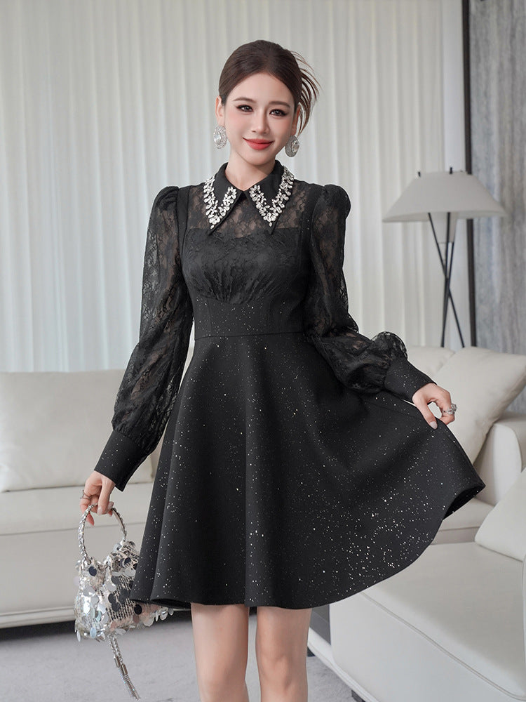 LYNN BLACK RHINESTONE LACE HOLLOW SLEEVE MINI DRESS