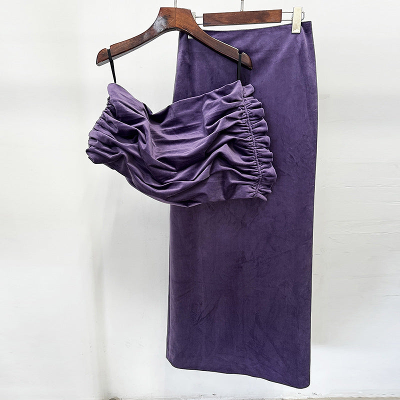 PURPLE VELVET ASYMMETRICAL CROPPED TWO-PIECE SET