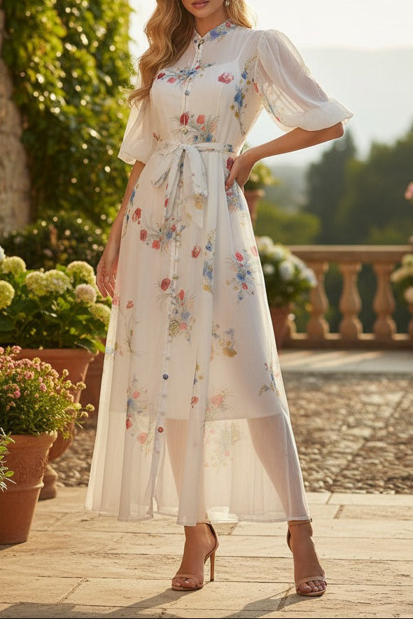 PINK FLORAL MANDARIN COLLAR CHIFFON MAXI DRESS