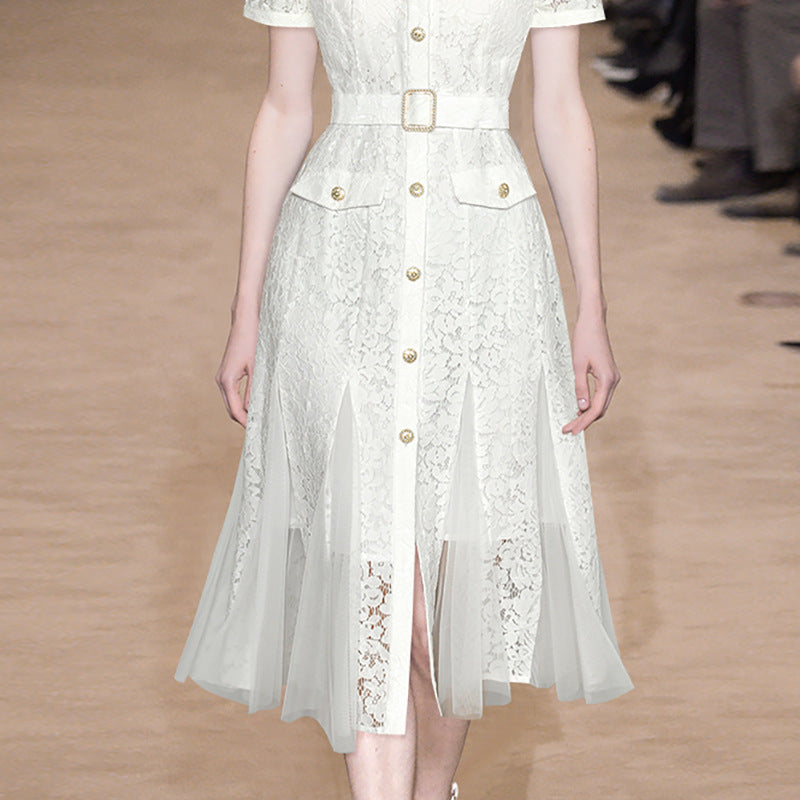 WHITE LACE V-NECK BELTED MIDI TULLE DRESS