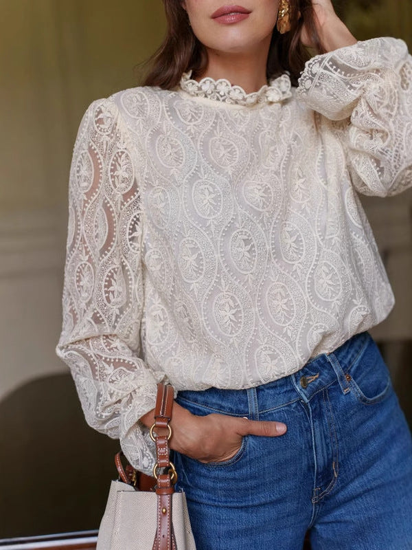 HOLLOW LACE LONG SLEEVE TOP FOR PARTY