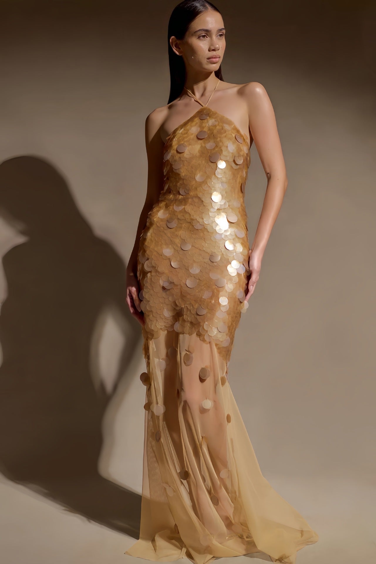 ALVA GOLD BACKLESS SEQUIN MAXI DRESS