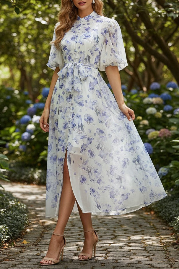 PINK FLORAL MANDARIN COLLAR CHIFFON MAXI DRESS