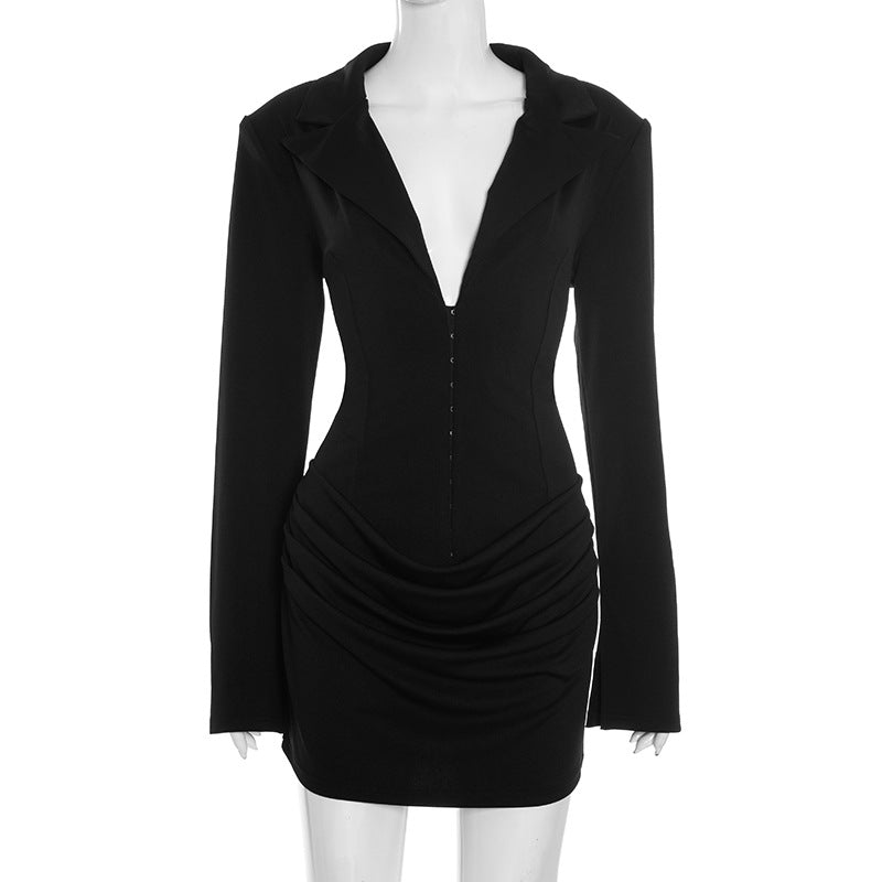 AMELIA V-NECK RUCHED BLAZER MINI DRESS, BLACK