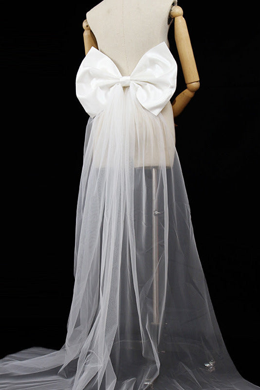 OVERSIZED WHITE SATIN BACK BOW WEDDING SASH WITH TULLE TRAIN