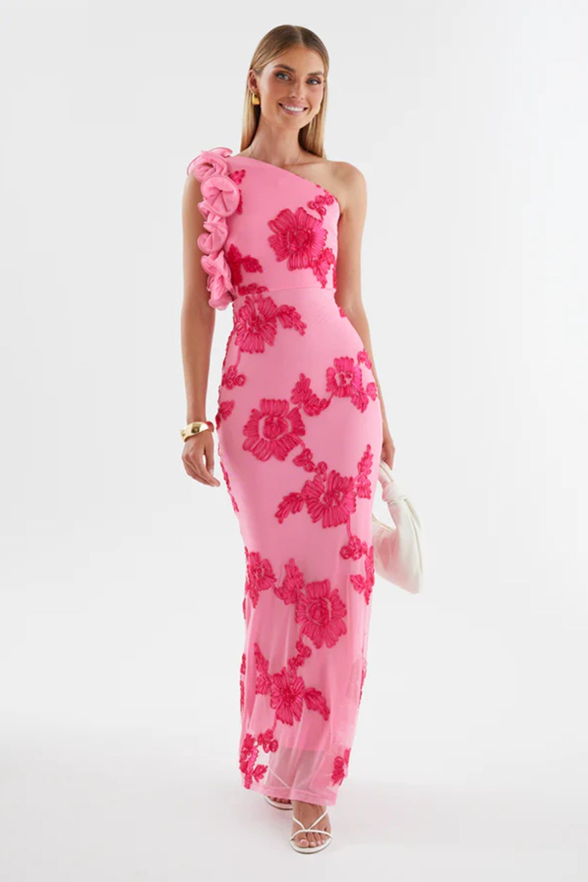 BODYCON PINK ONE-SHOULDER 3D FLOWER MAXI DRESS