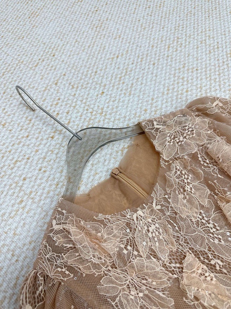 BROWN SEQUIN LACE MESH MAXI DRESS FOR EVENING
